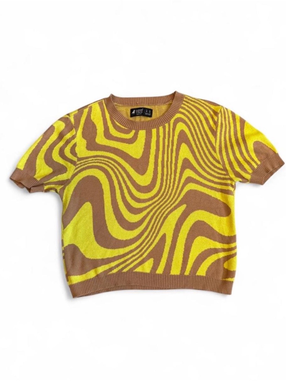 70s Retro Swirl Crew Neck Knit Pullover Sweater Abstract Yellow, Fitted M